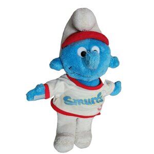 Vintage 80s Smurf 12 in Plush Smurfs Baseball Shirt Peyo Wallace Berrie Schleich
